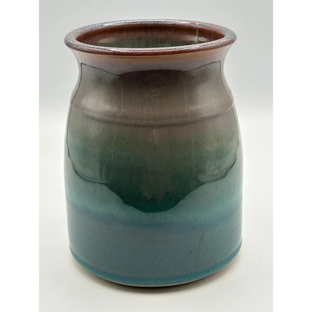 Artist Signed Handmade Pottery Vase Blue Green Brown Drip Glaze